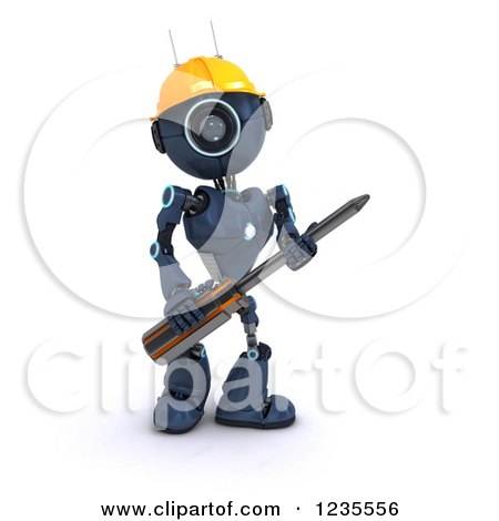 Clipart of a 3d Blue Android Robot with a Screwdriver 3 - Royalty Free Illustration by KJ Pargeter