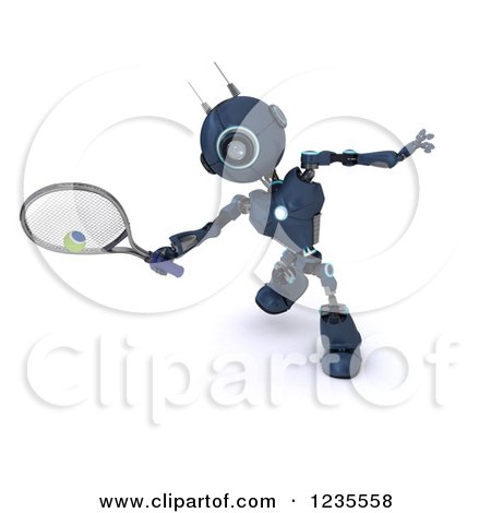 Clipart of a 3d Blue Android Robot Playing Tennis - Royalty Free Illustration by KJ Pargeter