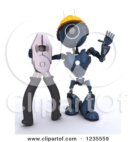 Clipart of a 3d Blue Android Construction Robot with Flat Nose Pliers - Royalty Free Illustration by KJ Pargeter