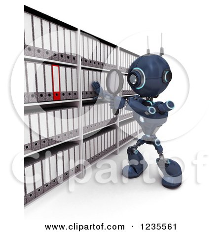 Clipart of a 3d Blue Android Robot Searching in an Archive Room - Royalty Free Illustration by KJ Pargeter