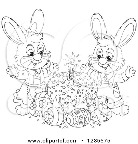 Clipart of a Black and White Rabbit Couple Around Easter Eggs and a Cake - Royalty Free Vector Illustration by Alex Bannykh