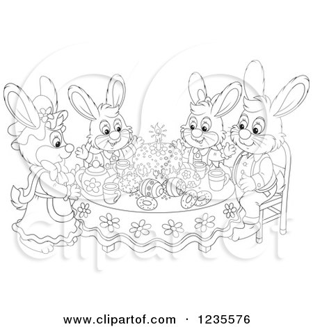 Clipart of a Black and White Rabbit Family Around Easter Eggs and a Cake - Royalty Free Vector Illustration by Alex Bannykh