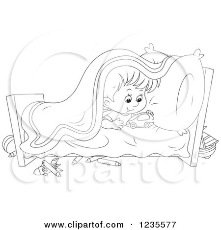Clipart of a Black and White Boy Playing with Toys in His Bed - Royalty Free Vector Illustration by Alex Bannykh