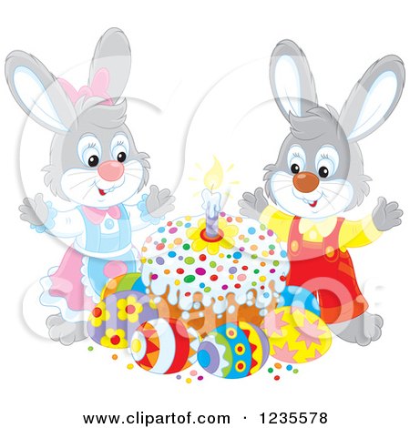 Clipart of a Gray Rabbit Couple Around Easter Eggs and a Cake - Royalty Free Vector Illustration by Alex Bannykh
