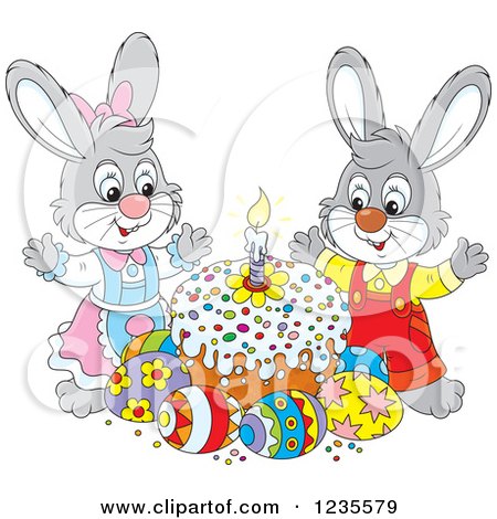 Clipart of a Gray Rabbit Pair Around Easter Eggs and a Cake - Royalty Free Vector Illustration by Alex Bannykh