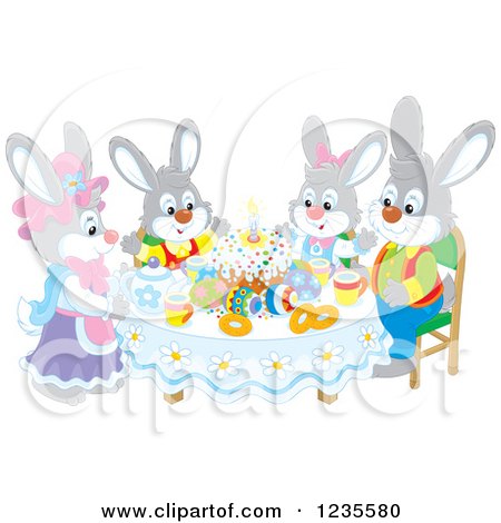 Clipart of a Gray Rabbit Family Around Easter Eggs and a Cake - Royalty Free Vector Illustration by Alex Bannykh