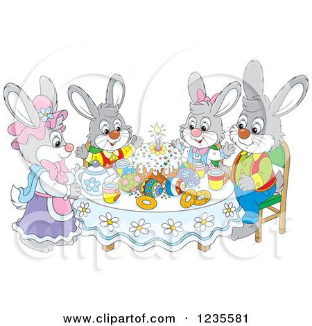Clipart of a Rabbit Family Around Easter Eggs and a Cake - Royalty Free Vector Illustration by Alex Bannykh