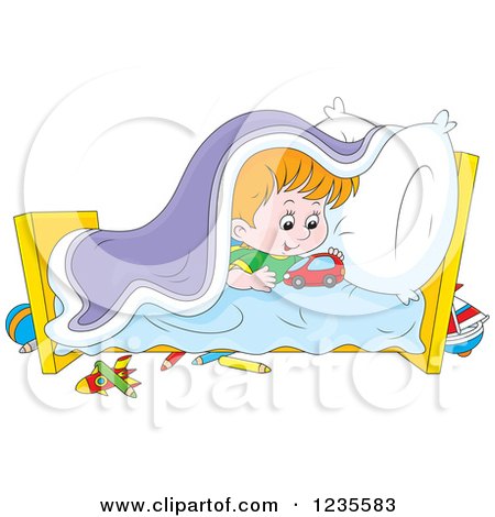 Clipart of a Red Haired Boy Playing with Toys in His Bed - Royalty Free Vector Illustration by Alex Bannykh