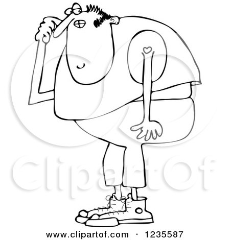 Clipart of a Black and White Thinking Chubby Man in a Sleeveless Shirt - Royalty Free Vector Illustration by djart