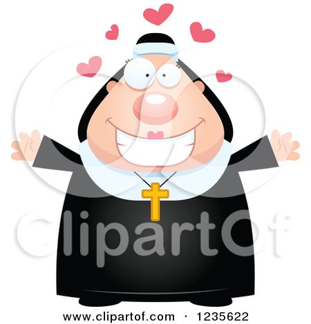 Clipart of a Chubby Nun with Open Arms and Hearts - Royalty Free Vector Illustration by Cory Thoman