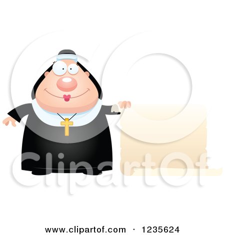 Clipart of a Chubby Nun with a Scroll Sign - Royalty Free Vector Illustration by Cory Thoman