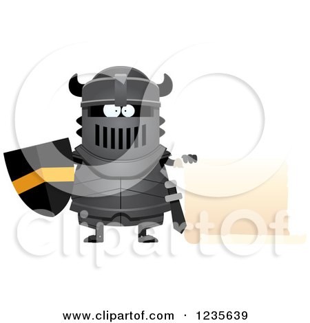 Clipart of a Black Knight Holding a Scroll Sign - Royalty Free Vector Illustration by Cory Thoman