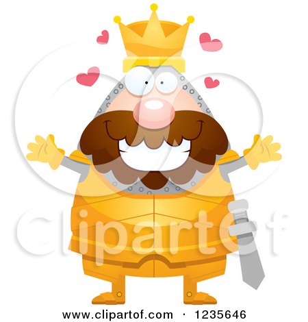 Clipart of a Chubby King Knight with Open Arms and Hearts - Royalty Free Vector Illustration by Cory Thoman