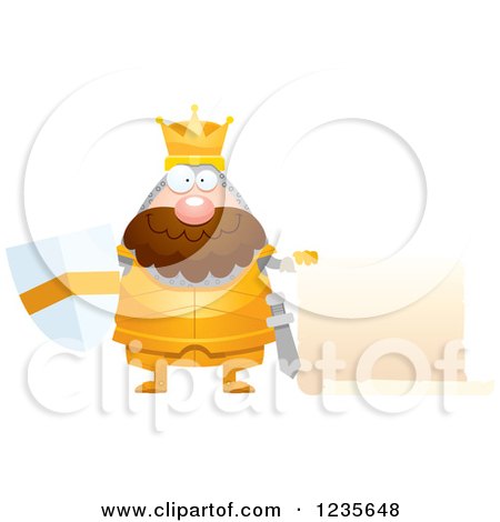 Clipart of a Chubby King Knight Holding a Scroll Sign - Royalty Free Vector Illustration by Cory Thoman