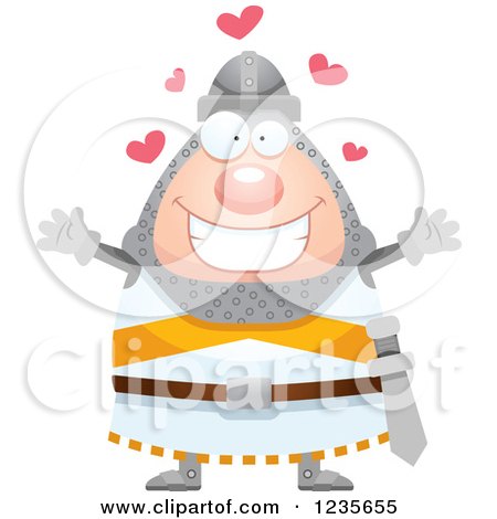 Clipart of a Chubby Knight with Open Arms and Hearts - Royalty Free Vector Illustration by Cory Thoman