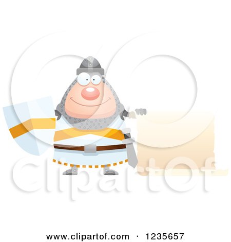 Clipart of a Chubby Knight with a Scroll Sign - Royalty Free Vector Illustration by Cory Thoman