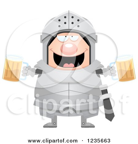 Clipart of a Drunk Chubby Armoured Knight with Beer - Royalty Free Vector Illustration by Cory Thoman
