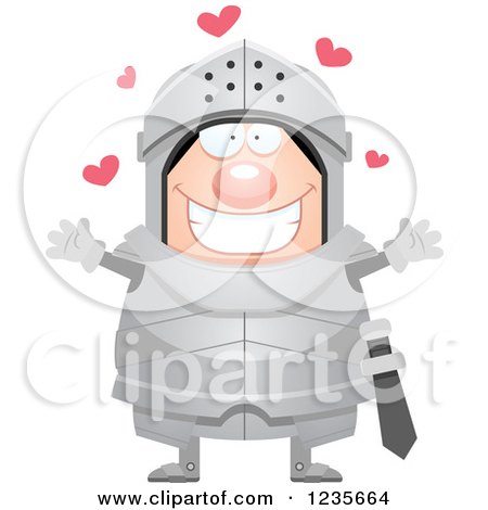 Clipart of a Chubby Armoured Knight with Open Arms and Hearts - Royalty Free Vector Illustration by Cory Thoman