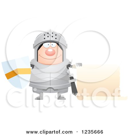 Clipart of a Chubby Armoured Knight Holding a Scroll Sign - Royalty Free Vector Illustration by Cory Thoman