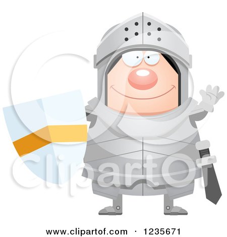 Clipart of a Friendly Waving Chubby Armoured Knight - Royalty Free Vector Illustration by Cory Thoman