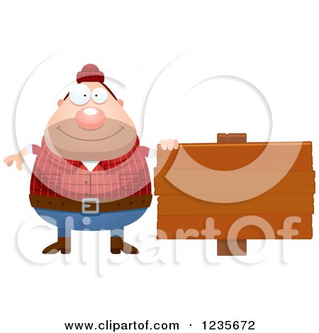 Clipart of a Chubby Male Lumberjack by a Wood Sign - Royalty Free Vector Illustration by Cory Thoman