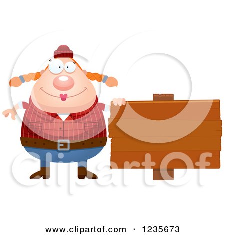 Clipart of a Chubby Female Lumberjack by a Wood Sign - Royalty Free Vector Illustration by Cory Thoman