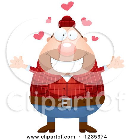 Clipart of a Chubby Male Lumberjack with Open Arms and Hearts - Royalty Free Vector Illustration by Cory Thoman