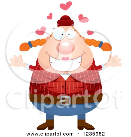 Clipart of a Chubby Female Lumberjack with Open Arms and Hearts - Royalty Free Vector Illustration by Cory Thoman