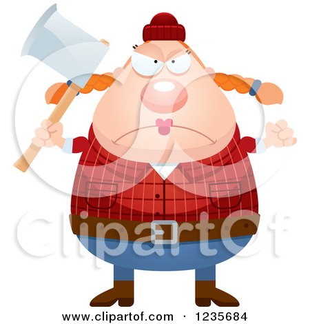 Clipart of a Mad Chubby Female Lumberjack Holding an Axe - Royalty Free Vector Illustration by Cory Thoman