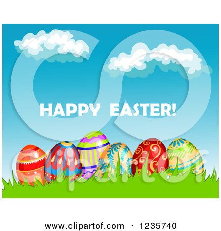 Clipart of a Happy Easter Greeting with Eggs and a Blue Sky - Royalty Free Vector Illustration by Vector Tradition SM