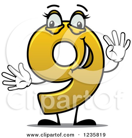 Clipart of a Happy Yellow Number Nine Holding up 9 Fingers - Royalty Free Vector Illustration by Vector Tradition SM