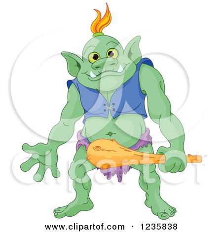 Clipart of a Happy Green Troll Holding a Club - Royalty Free Vector Illustration by Pushkin