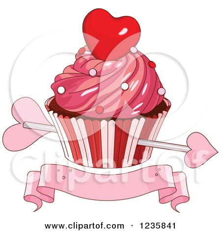 Clipart of Cupids Arrow Through a Valentine Cupcake over a Banner - Royalty Free Vector Illustration by Pushkin