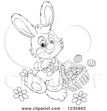 Clipart of a Black and White Male Easter Bunny Rabbit Walking with a Basket - Royalty Free Vector Illustration by Alex Bannykh