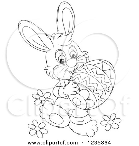 Clipart of a Black and White Male Easter Bunny Rabbit Carrying an Egg - Royalty Free Vector Illustration by Alex Bannykh