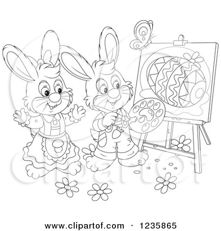 Clipart of Black and White Easter Bunny Rabbits Painting Eggs on Canvas - Royalty Free Vector Illustration by Alex Bannykh