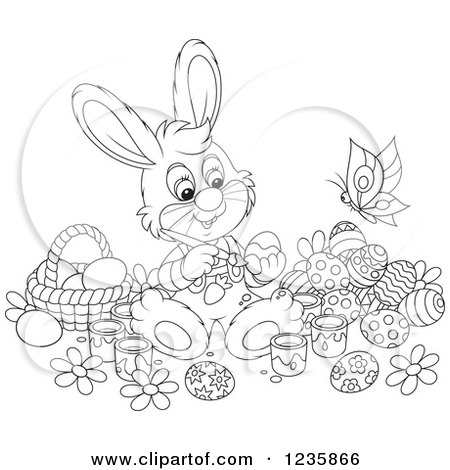 Clipart of a Black and White Male Easter Bunny Rabbit Painting Eggs - Royalty Free Vector Illustration by Alex Bannykh