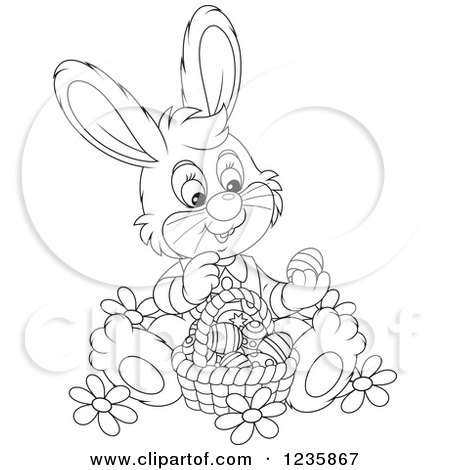 Clipart of a Black and White Bunny Rabbit Sitting with a Basket of Easter Eggs - Royalty Free Vector Illustration by Alex Bannykh