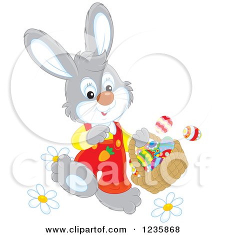 Clipart of a Gray Male Easter Bunny Walking with a Basket - Royalty Free Vector Illustration by Alex Bannykh