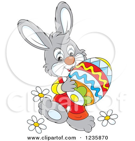 Clipart of a Gray Male Easter Bunny Rabbit Carrying an Egg - Royalty Free Vector Illustration by Alex Bannykh