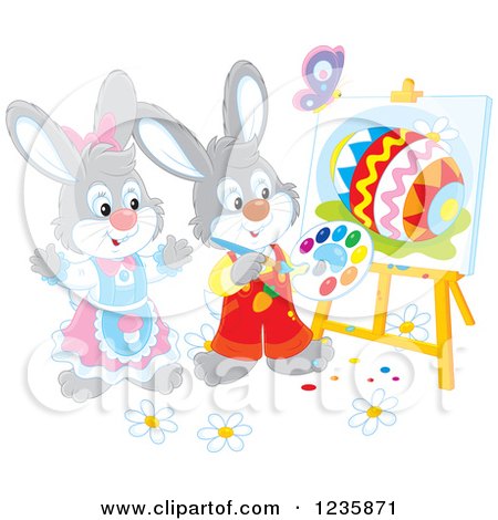 Clipart of Gray Easter Bunnies Painting Eggs on Canvas - Royalty Free Vector Illustration by Alex Bannykh
