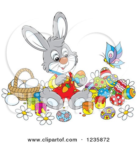 Clipart of a Gray Male Easter Bunny Rabbit Painting Eggs - Royalty Free Vector Illustration by Alex Bannykh