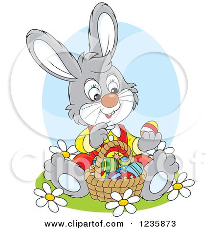 Clipart of a Gray Bunny Sitting with a Basket of Easter Eggs - Royalty Free Vector Illustration by Alex Bannykh