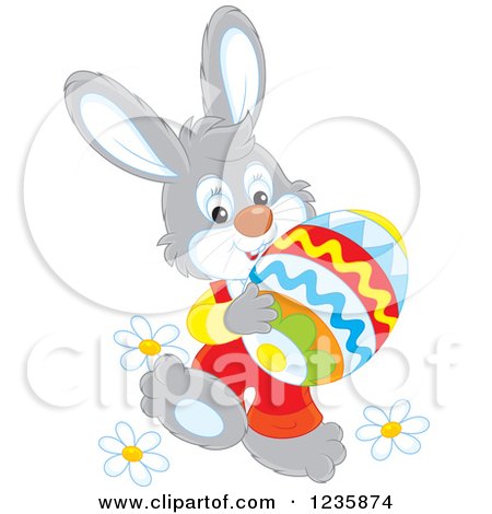 Clipart of a Gray Male Easter Bunny Carrying an Egg - Royalty Free Vector Illustration by Alex Bannykh