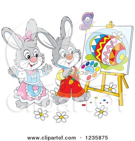 Clipart of Gray Easter Bunny Rabbits Painting Eggs on Canvas - Royalty Free Vector Illustration by Alex Bannykh