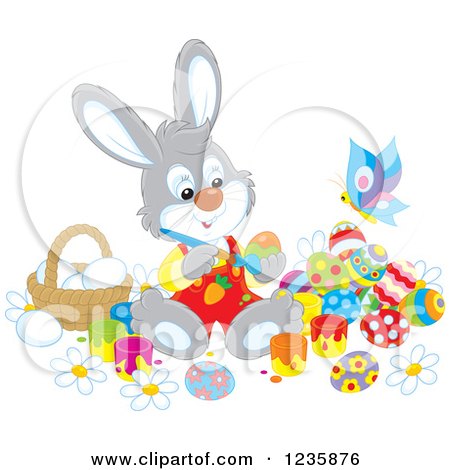 Clipart of a Gray Male Easter Bunny Painting Eggs - Royalty Free Vector Illustration by Alex Bannykh