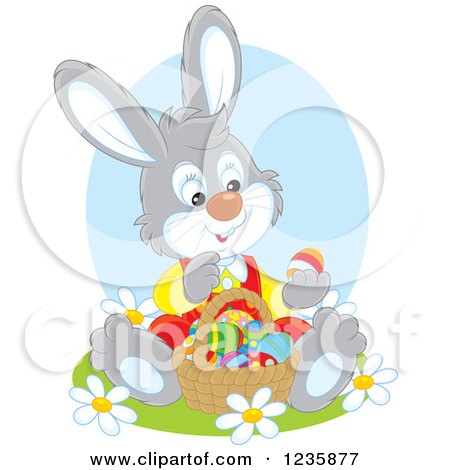 Clipart of a Gray Bunny Rabbit Sitting with a Basket of Easter Eggs - Royalty Free Vector Illustration by Alex Bannykh