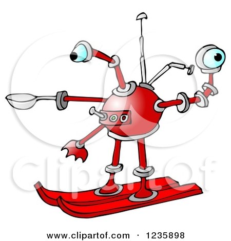 Clipart of a Red Skiing Robot - Royalty Free Illustration by djart
