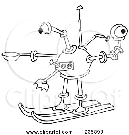 Clipart of a Black and White Skiing Robot - Royalty Free Vector Illustration by djart