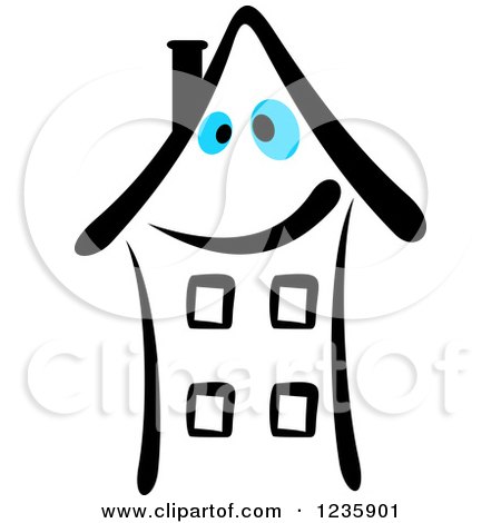 Clipart of a Black and White Happy Building Character with Blue Eyes - Royalty Free Vector Illustration by Vector Tradition SM